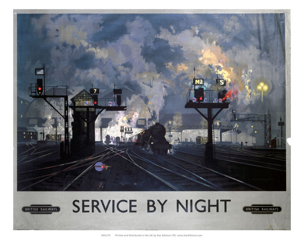 Service by Night - British Railways steam trains at night 24" x 32" Matte Mounted Print