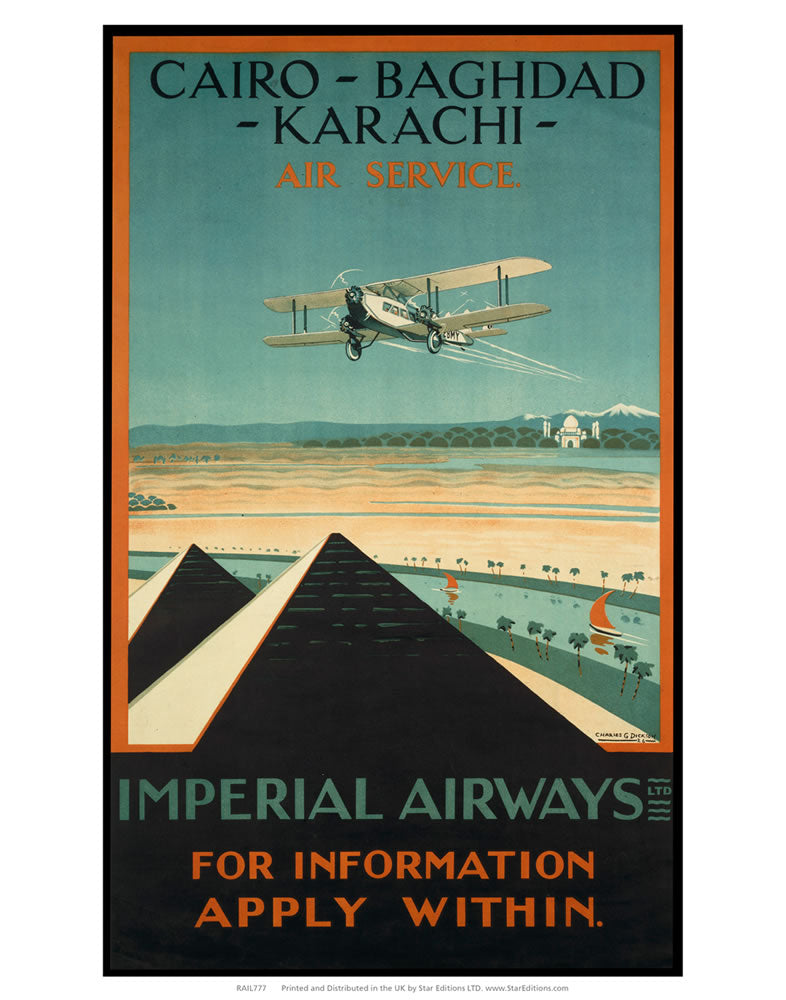 Imperial Airways - Cairo Baghdad Karachi Air service Pyramids 24" x 32" Matte Mounted Print