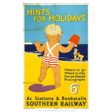 Hints for Holidays by Southern Rail - Toddler on beach 24" x 32" Matte Mounted Print