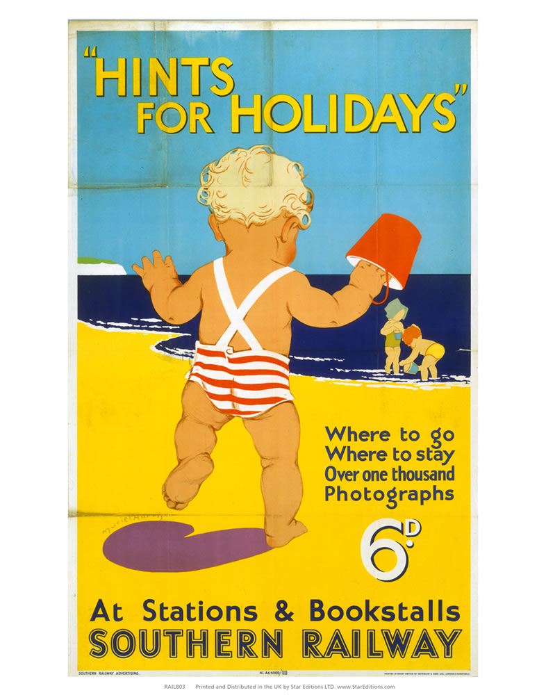 Hints for Holidays by Southern Rail - Toddler on beach 24" x 32" Matte Mounted Print