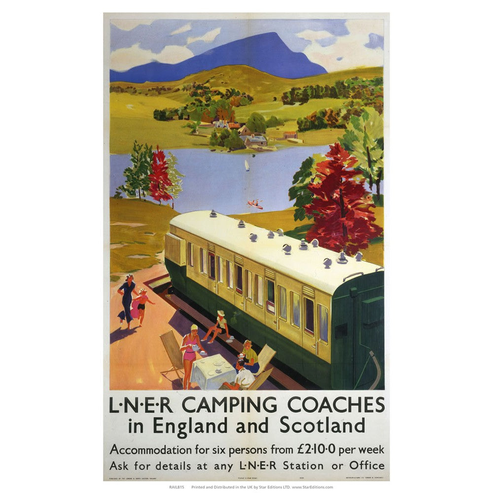 Camping Coaches in England and Scotland - Lakeside Train carriage 20cm x 20cm Mini Mounted Print