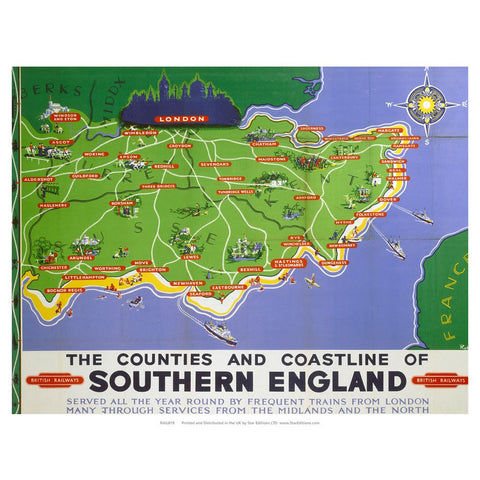 Counties and coastline of southern england map British railways 24" x 32" Matte Mounted Print