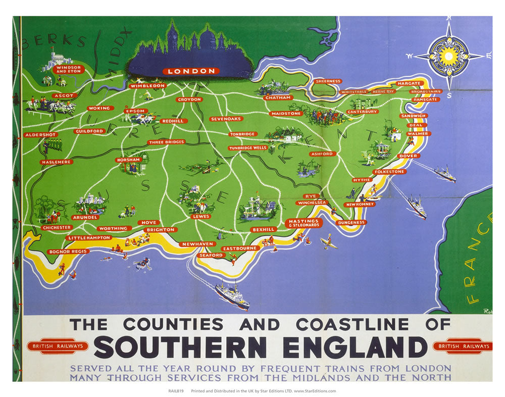 Counties and coastline of southern england map British railways 24" x 32" Matte Mounted Print