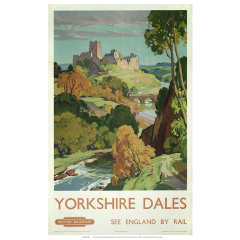 Yorkshire Dales - See england by Rail hilltop castle painting 24" x 32" Matte Mounted Print