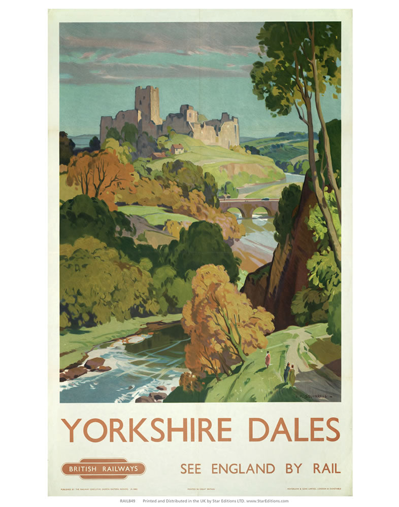 Yorkshire Dales - See england by Rail hilltop castle painting 24" x 32" Matte Mounted Print
