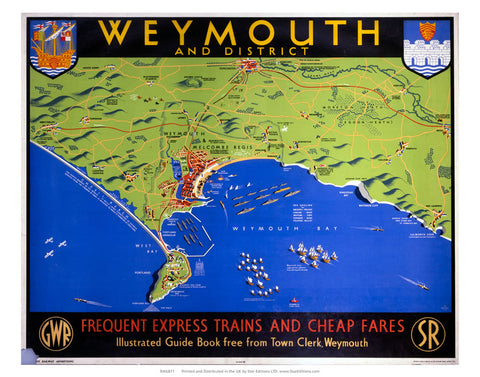 Weymouth and district map -Frequent Trains and cheap fares 24" x 32" Matte Mounted Print