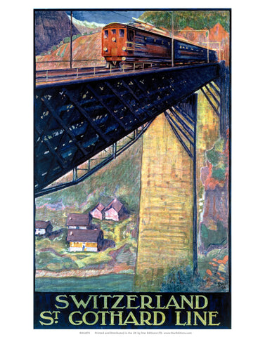 Switzerland St Gothard Line - Train on bridge 24" x 32" Matte Mounted Print