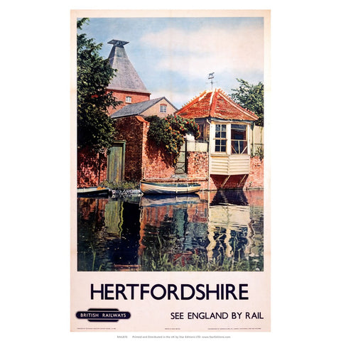 Hertfordshire - Waterside building England By Rail British Railways 24" x 32" Matte Mounted Print