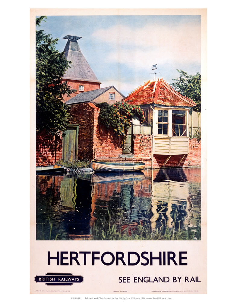 Hertfordshire - Waterside building England By Rail British Railways 24" x 32" Matte Mounted Print