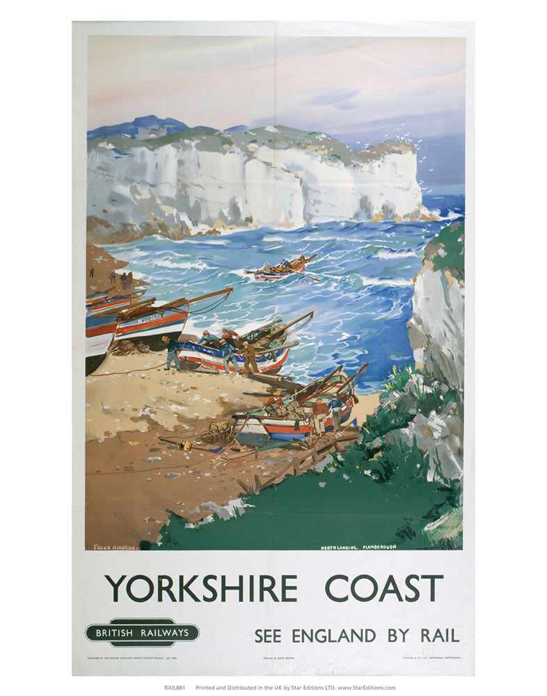 Yorkshire Coast - Boats in the bay England by Rail 24" x 32" Matte Mounted Print