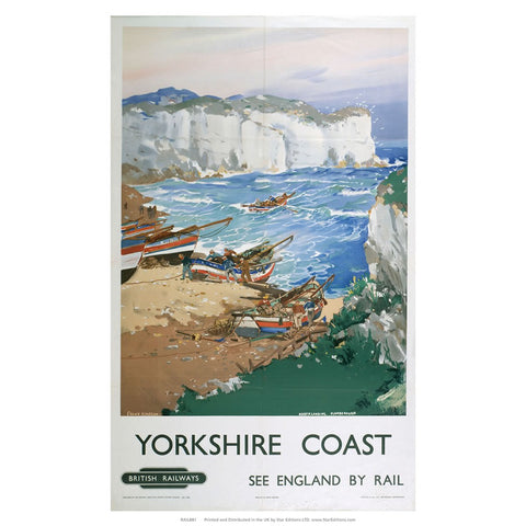 Yorkshire Coast - Boats in the bay England by Rail 24" x 32" Matte Mounted Print