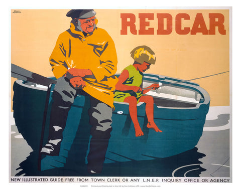REDCAR - Fisherman watches child fishing off row boat 24" x 32" Matte Mounted Print