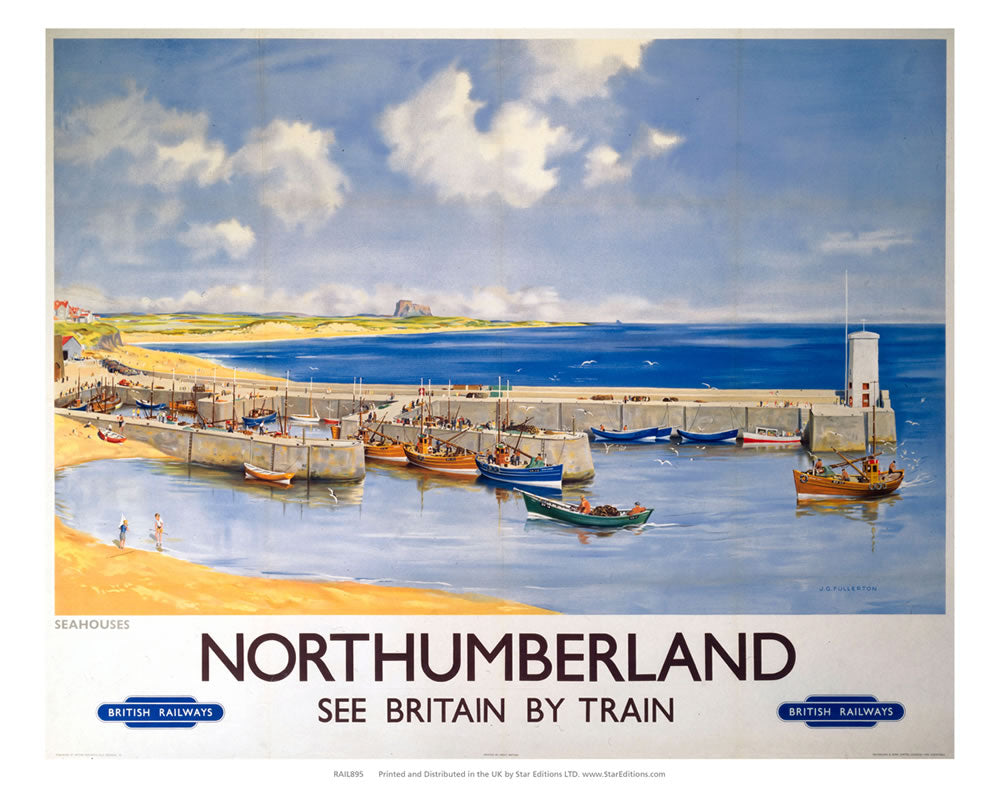 Northumberland beachside Quay - Britain by Train 24" x 32" Matte Mounted Print