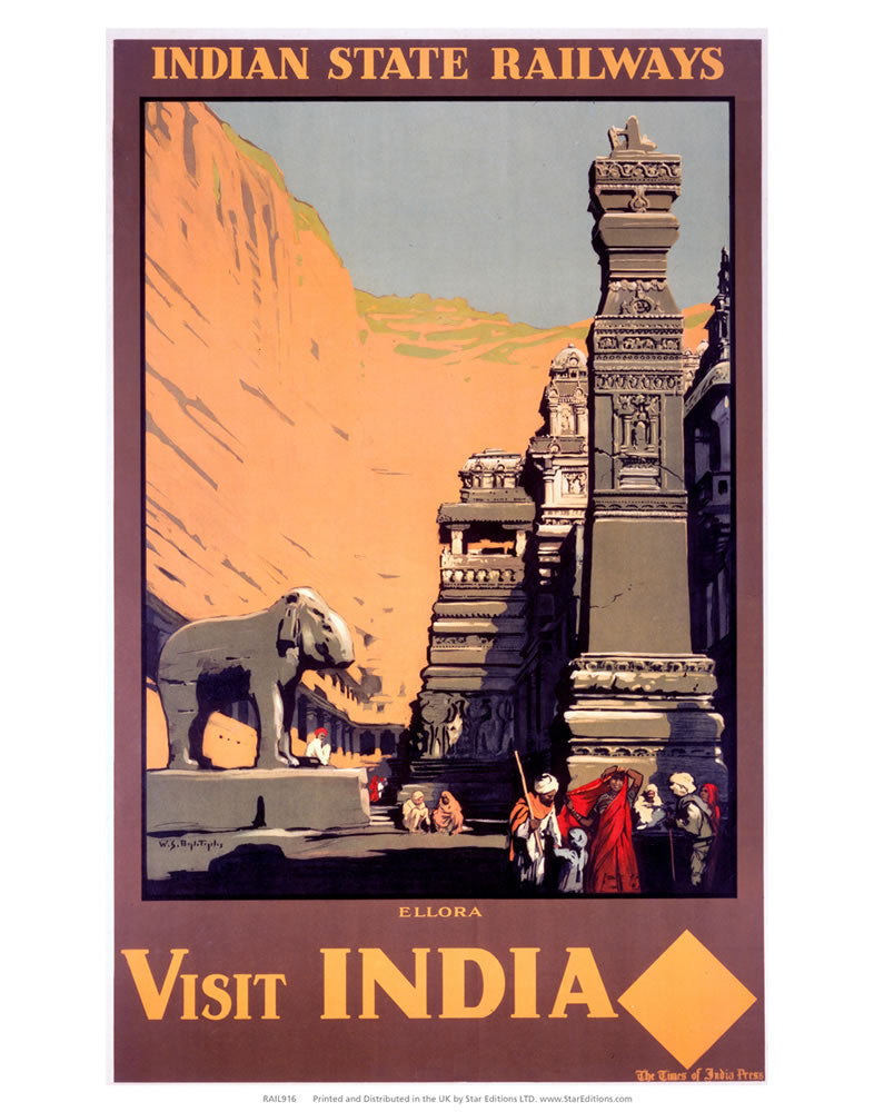 Ellora - Visit Indian Indian State Railways 24" x 32" Matte Mounted Print
