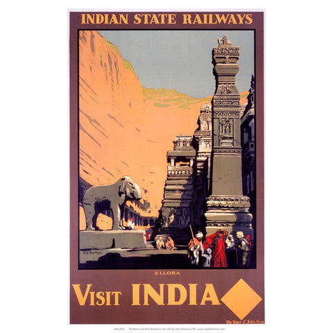 Ellora - Visit Indian Indian State Railways 24" x 32" Matte Mounted Print