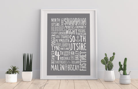 Shipping Forecast Typography Grey By Tabitha Mary Art Print