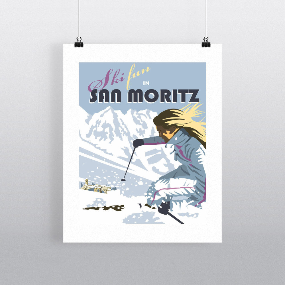 THOMPSON064: Ski Fun in San Moritz. 24" x 32" Matte Mounted Print