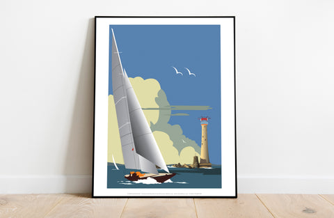 Boat & Lighthouse By Artist Dave Thompson - Art Print