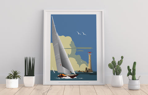 Boat & Lighthouse By Artist Dave Thompson - Art Print