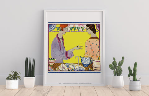 Kitchen Washing-up, Two People, Yellow Background Art Print