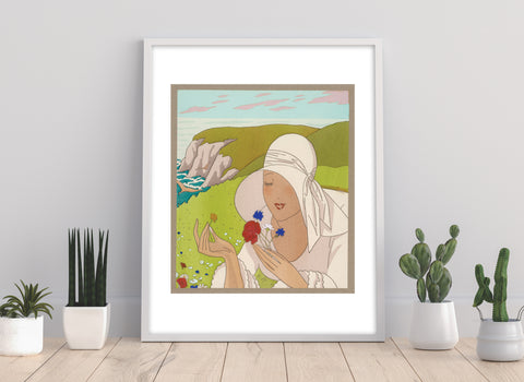Fields With Flowers, Lady Holding Flowers Art Print