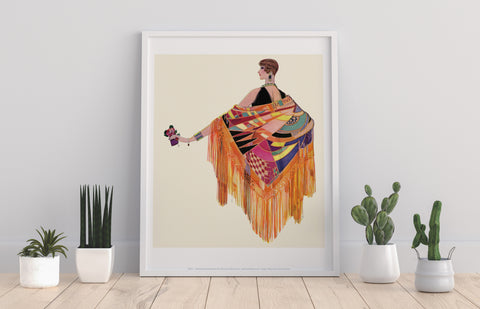 Illustration Of Lady, Colourful Wrap (Poncho) - Art Print