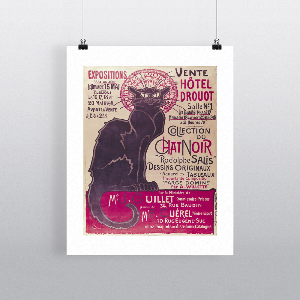 Poster advertising an exhibition of the 'Collection du Chat Noir' cabaret at the Hotel Drouot, Paris, May 1898 (colour litho) by Theophile Alexandre Steinlen 20cm x 20cm Mini Mounted Print